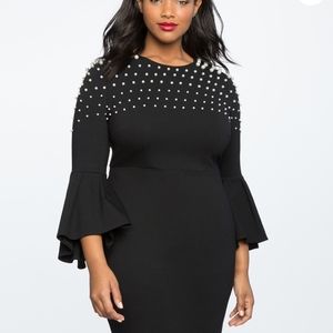 Flared Sleeved Black Scuba Dress with pearls